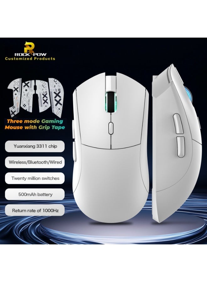 Rock Pow Superlight Wireless Gaming Mouse, PixArt PAW3311 Sensor, 20000DPI/1000Hz Macro Programming Gaming Mice with Grip Tape, BT/2.4Ghz/Wired Tri-mode Anti Slip, Programmable Buttons Wireless Mice/Wirelss Mouse For Gamer/Win/Xbox/PS/Mac/Pc (White) - Image 2